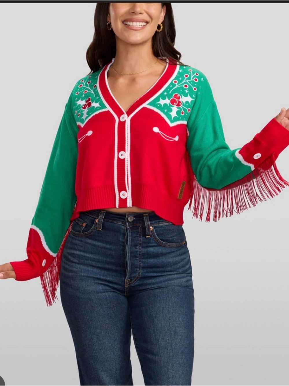 Tipsy Elves Red and Green V-Neck Fringe-Trim Cardigan